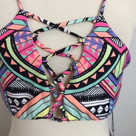 L.A. Hearts Bikini Top Lace Up Tribal Padded Swimwear - Picture 2 of 8